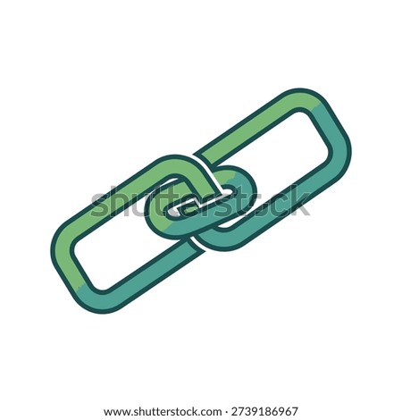 Digital chain link icon in green and blue, symbolizing connection, hyperlink, attachment, and strong relationships in a modern flat design on a white background.