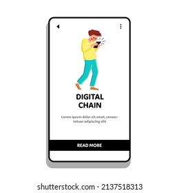 Digital Chain And Technology Addiction Vector. Young Man Digital Chain Problem, Using Smartphone Device For Communication And Using Social Media App. Character Web Flat Cartoon Illustration