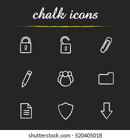 Digital chalk icons set. Cyber security. Access granted and denied, save, edit, download buttons. Social network, folder, document, shield. Isolated vector chalkboard illustrations