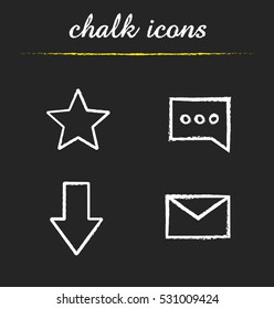 Digital chalk icons set. Star mark, chat box, email letter, download arrow. Isolated vector chalkboard illustrations