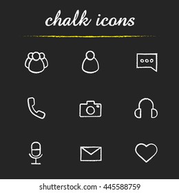 Digital chalk icons set. Users group, sms, headset, photo camera, headphones, microphone, email and heart shape symbol. Isolated vector chalkboard illustrations