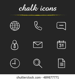 Digital chalk icons set. Worldwide globe sign, handset, chat bubble, admin user, sms, calendar, time, search, document symbols. Isolated vector chalkboard illustrations