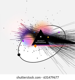 Digital Chaotic Geometric Poster with Triangles, Lines and Particles. Vector Blurred Baubles