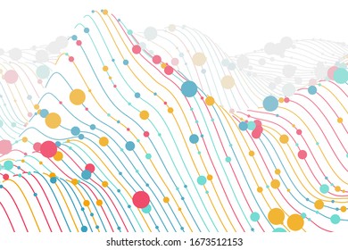 Digital chart with lines and circles on white background. Sound waves abstract visualization. Concept of big data analysis and information technology. Vector illustration of wireframes sound waves .