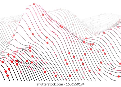Digital chart with lines and circles on white background. Sound waves abstract visualization. Concept of big data analysis and information technology. Vector illustration of wireframes sound waves .