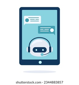 Digital chat bot, robot assistant for customer support. Concept of virtual conversation assistant for getting help. Vector illustration isolated on white background.