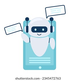 Digital chat bot, robot assistant for customer support. Concept of virtual conversation assistant for getting help. Vector illustration isolated on white background.