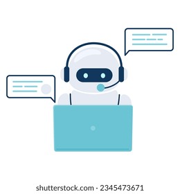 Digital chat bot, robot assistant for customer support. Concept of virtual conversation assistant for getting help. Robot is working on a laptop. Vector illustration isolated on white background.