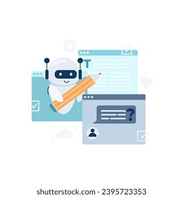 Digital chat bot, robot assistant for customer support. Concept of virtual conversation assistant for getting help. Vector illustration isolated on white background.