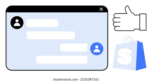 Digital chat conversation interface, thumbs-up icon, and shopping bag icon. Ideal for online shopping, customer service, messaging apps, e-commerce support, and digital communication. Minimalist