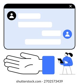 Digital chat window with user icons and messages, outstretched hand symbolizing support, person holding a tablet. Ideal for communication, technology, customer service, support, collaboration, user