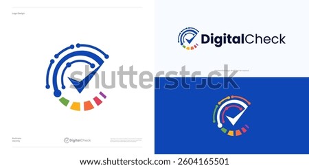 Digital check logo icon design vector, circle with checkmark colorful semicircle cut, symbol checks for technology, data, pixel, cyber security, software, verified verification, checker brand identity
