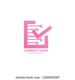Digital check result logo consists of paper, checklist icon and digital icon which is pink, suitable for digital-based companies