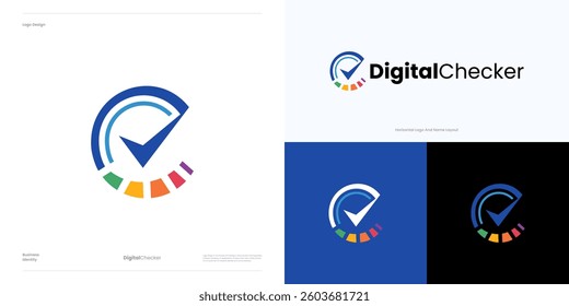 Digital checker logo icon design vector, circle with checkmark colorful and vibrant spectrum pixel, symbol checks for verification, validation, verified, power, energy, health check for brand identity