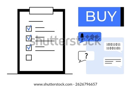Digital checklist with checked items, voice assistant icon, dialogue boxes, binary code, and a Buy button. Ideal for online shopping, productivity, voice commands, customer support, technology