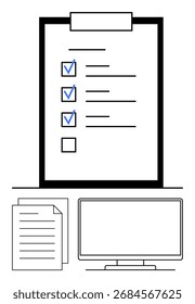 Lista de verificação digital com tarefas marcadas em uma área de transferência. Acompanhado por uma caixa de seleção em branco, páginas de documentos e monitor do computador. Ideal para ferramentas de produtividade, gerenciamento de tarefas, trabalhos de escritório, organização, meta