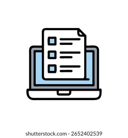 Checklist digital em uma tela de laptop apresentada em um estilo gráfico plano com contornos em negrito contra um fundo branco.