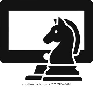 Digital chess knight on computer screen icon for online strategy gaming	
