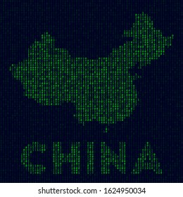 Digital China logo. Country symbol in hacker style. Binary code map of China with country name. Modern vector illustration.