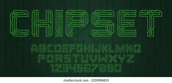 Schriftart für digitale Chips. Technische Typografie, Alphabet-Buchstaben und Zahlen, die als Leiterplatten-Titel stilisiert werden. PCB-Technologie und Computer-Engineering Schrift Vektor-Set. Mikrochip- oder Motherboard-Stil