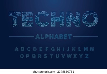 Digital chip circuit font. Tech typography, alphabet letters and numbers stylised as circuit board tracks. PCB technology and computer engineering lettering vector set. Microchip or motherboard style