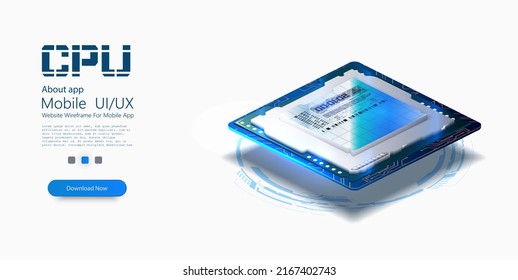 Digital chip computer processor and electronic components. Semiconductor technology concept. Isolated futuristic microchip core.  CPU isometric banner. Vector illustration
