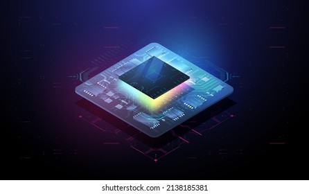 Digital chip with HUD elements. Futuristic microchip processor. Modern CPU illustration . Central Computer Processors. Tech Futuristic Template. Quantum computer database concept.