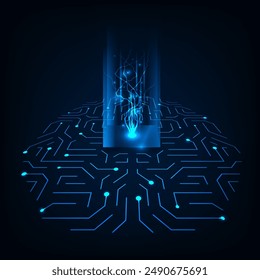Digital chip into abstract technology brain on dark blue background. Circuit board tech.