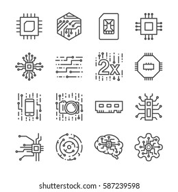 Digital chip processor line icon set. Included the icons as digital, circuit, cpu, robot, nanotechnology, processing and more.