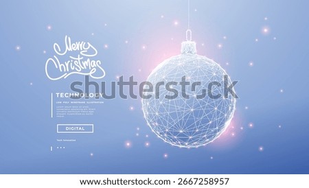 Digital Christmas ball on an elegant light blue background with pink bokeh. Technology and Happy holidays concepts. Xmas tech background. New year tree toy for decoration. Vector illustration