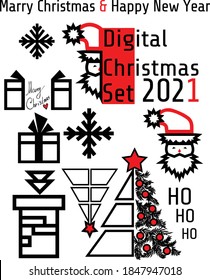 Digital Christmas and New Year Symbols Icon Vector Set. Christmas Trees Decorated, Giftboxes, Snowflakes, Chimney, Santa's head geometrical stylized cut out black and red on white background. 