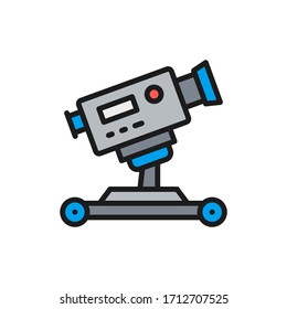 Digital cinema camera on wheels flat color line icon.