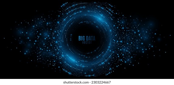 Digital circles of blue glowing dots. Information particles in a neural network. Big data visualization into cyberspace. Vector illustration. EPS 10.