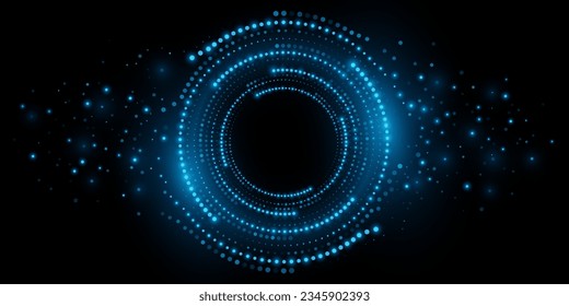 Digital circles of blue glowing dots. Big Data visualization into cyberspace with swirl energy. Network Information Decay. Futuristic modern background. Vector illustration. EPS 10.