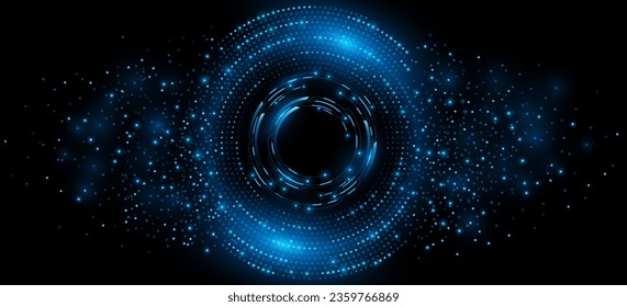 Digital circles with blue glowing dots and sci-fi HUD circle. Big Data visualization into cyberspace. Network Information Decay. Futuristic background. Vector illustration. EPS 10.