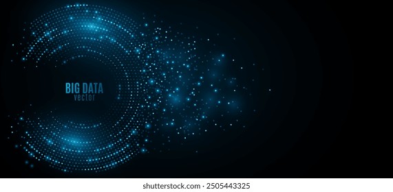 Digital circles of blue glowing dots. Information particles in a neural network. Big data visualization into cyberspace. Futuristic background. Vector illustration.