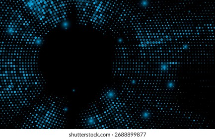 Digital circles of blue glowing dots. Information particles in a neural network. Big data visualization into cyberspace. Vector illustration.