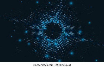 Digital circles of blue glowing dots. Information particles in a neural network. Big data visualization into cyberspace. Vector illustration.	
