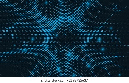 Digital circles of blue glowing dots. Information particles in a neural network. Big data visualization into cyberspace. Vector illustration.	