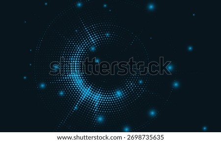 Digital circles of blue glowing dots. Information particles in a neural network. Big data visualization into cyberspace. Vector illustration.	