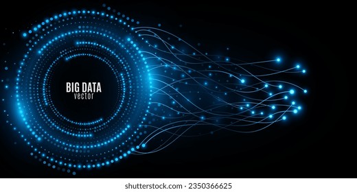 Digital circles of glowing blue dots with neural connectors. Big Data visualization into cyberspace. Connection in the network of files. Futuristic background. Vector illustration.