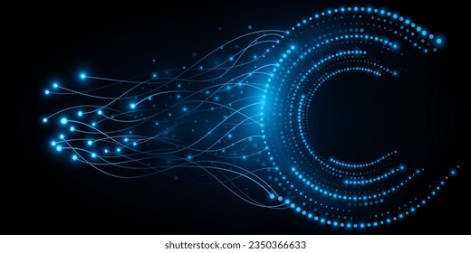 Círculos digitales de puntos azules brillantes con conectores neuronales. Visualización de Big Data en el ciberespacio. Conexión en la red de archivos. Fondo futurista. Ilustración vectorial. EPS 10.