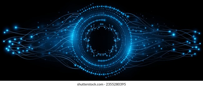 Digital circles of glowing blue dots with neural connectors and cyber circuit frame. Big Data visualization into cyberspace. Modern futuristic background. Vector illustration.