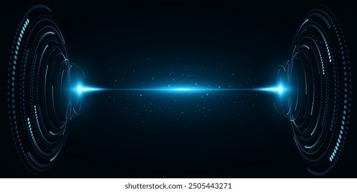Digital circles of glowing blue dots with sparkling laser on dark background. Abstract dotted circle with light effect into cyberspace. Futuristic hi-tech background. Vector illustration.