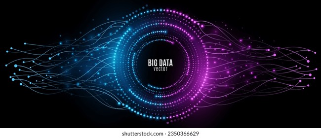 Digital circles of glowing dots with neural connectors. Big Data visualization into cyberspace. Technological connection in the network of files. Modern futuristic background. Vector illustration.
