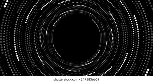 Digital circles of glowing dots on black background. Big Data visualization into cyberspace. Neural network analyzes information. Vector illustration. EPS 10