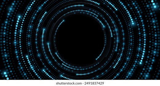 Digital circles of glowing dots on black background. Big Data visualization into cyberspace. Neural network analyzes information. Vector illustration. EPS 10