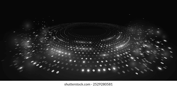 Digitale Kreise mit leuchtenden Punkten auf dunklem Hintergrund. Perspektivansicht zu einem abstrakten gepunkteten Kreis. Neuronales Netzwerk. Big Data Visualisierung in den Cyberspace. Vektorgrafik. EPS 10.