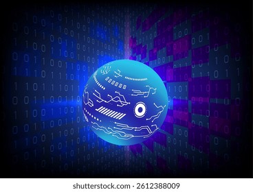 Digital circuit ball on code and grid, technology abstract background.