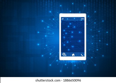 digital circuit and binary code on background with smartphone screen technology abstract background.